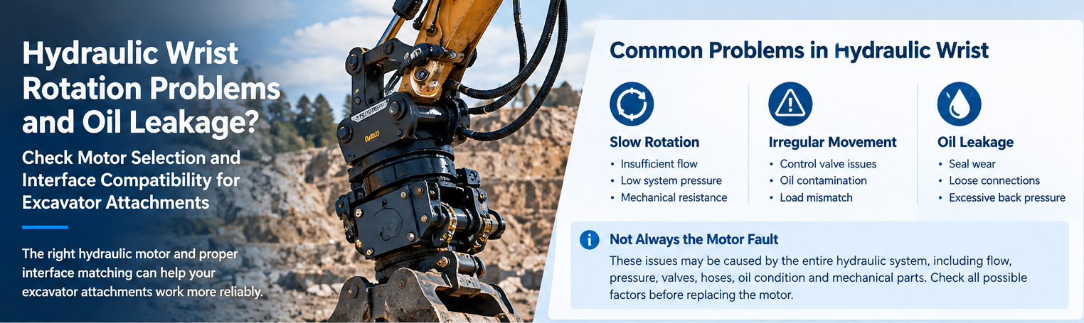 最新の企業ブログについて Hydraulic Wrist Rotation Problems and Oil Leakage: Checking Motor Selection and Interface Compatibility for Excavator Attachments